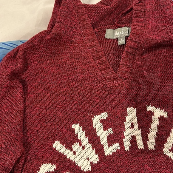 Burgundy knit sweater with hood. Says sweater weather on front - Picture 2 of 3